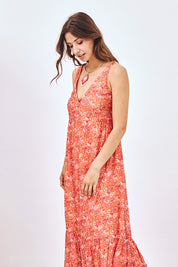 LONG PRINTED STRAPPY DRESS - CORAL