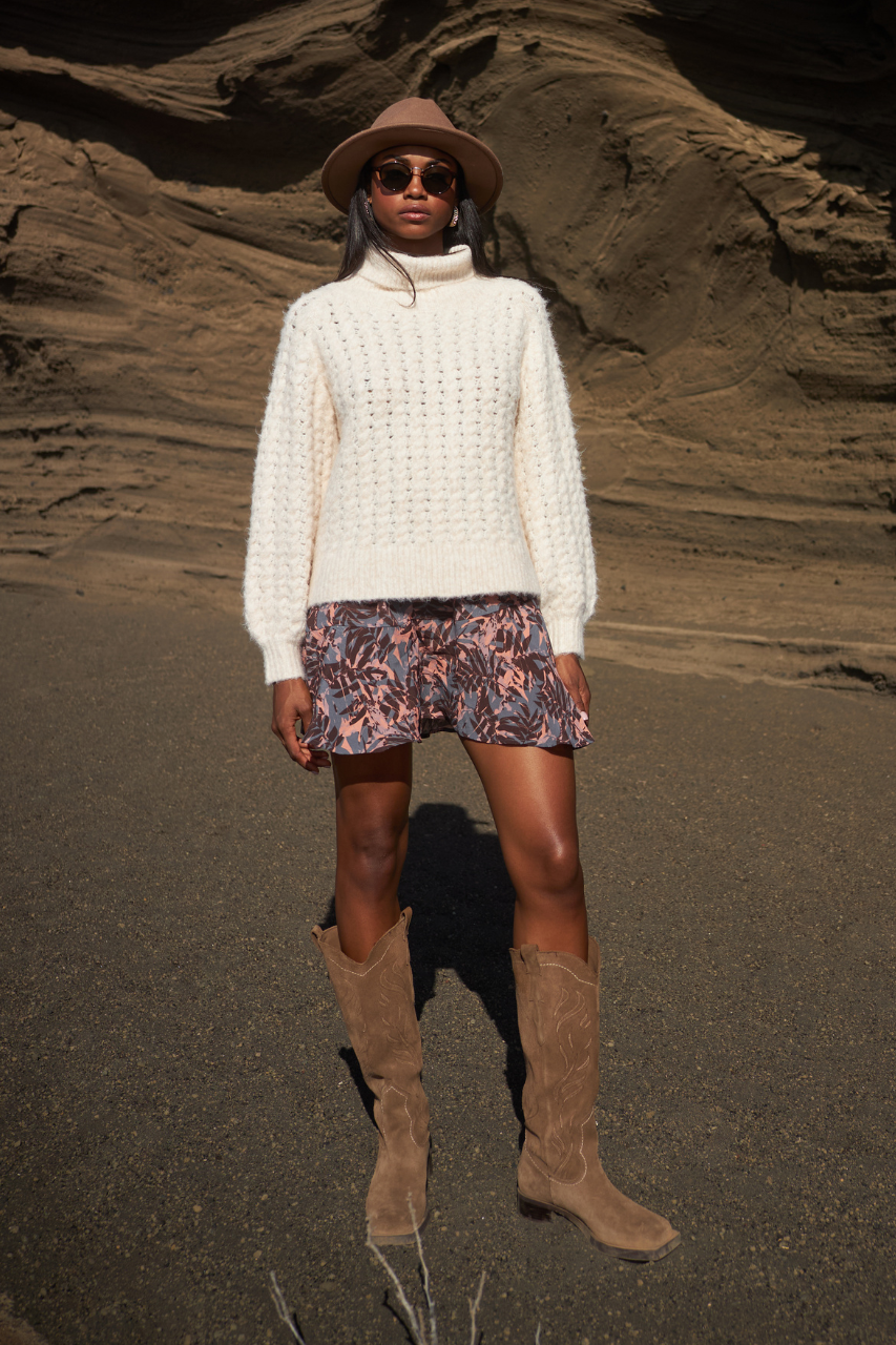 FALDA CORTA SOMBRA HOJAS - TAUPE