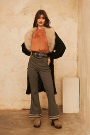 PLAIN LONG-SLEEVED BLOUSE WITH MATCHING EMBROIDERY - OCHRE