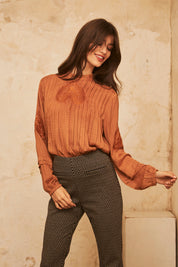 PLAIN LONG-SLEEVED BLOUSE WITH MATCHING EMBROIDERY - OCHRE