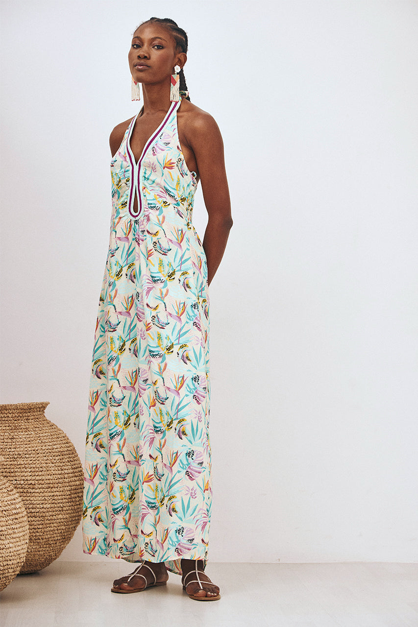 VESTIDO HALTER ESTAMPADO - TURQUESA
