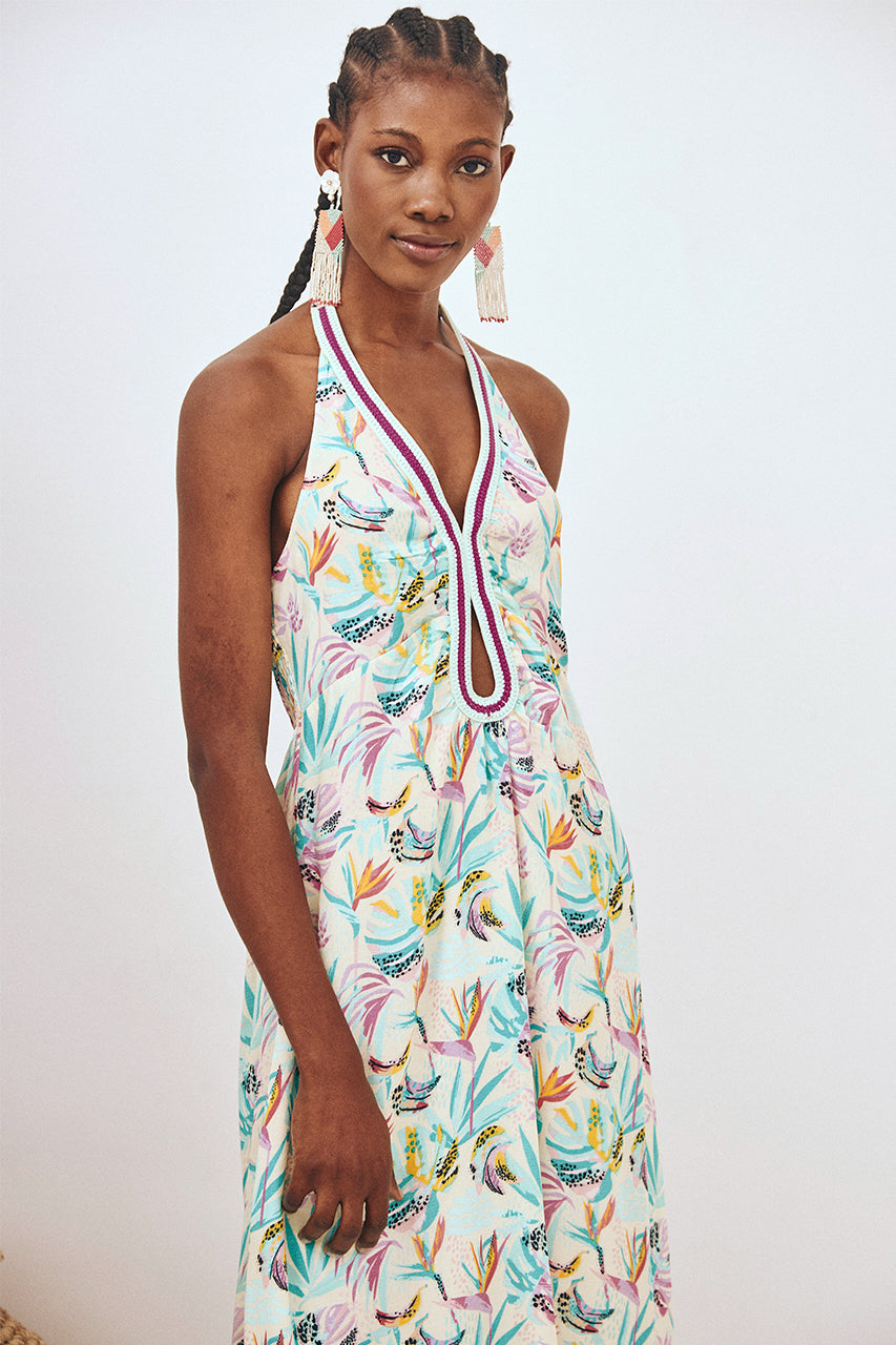 VESTIDO HALTER ESTAMPADO - TURQUESA