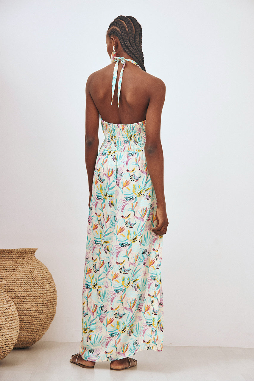 VESTIDO HALTER ESTAMPADO - TURQUESA