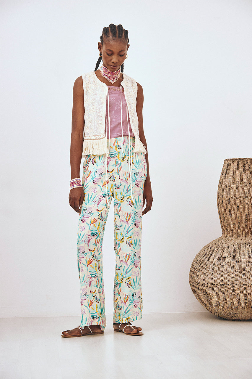 PANTALÓN RECTO ESTAMPADO - TURQUESA