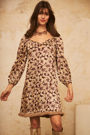 SHORT DRESS WITH LONG SLEEVES AND PRINTED EMBROIDERY - WINE