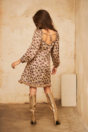 SHORT DRESS WITH LONG SLEEVES AND PRINTED EMBROIDERY - WINE