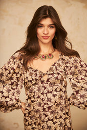 SHORT DRESS WITH LONG SLEEVES AND PRINTED EMBROIDERY - WINE