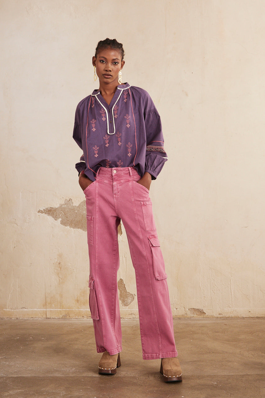 BLUSA MANGA LARGA LISA C/ BORDADO - PURPLE