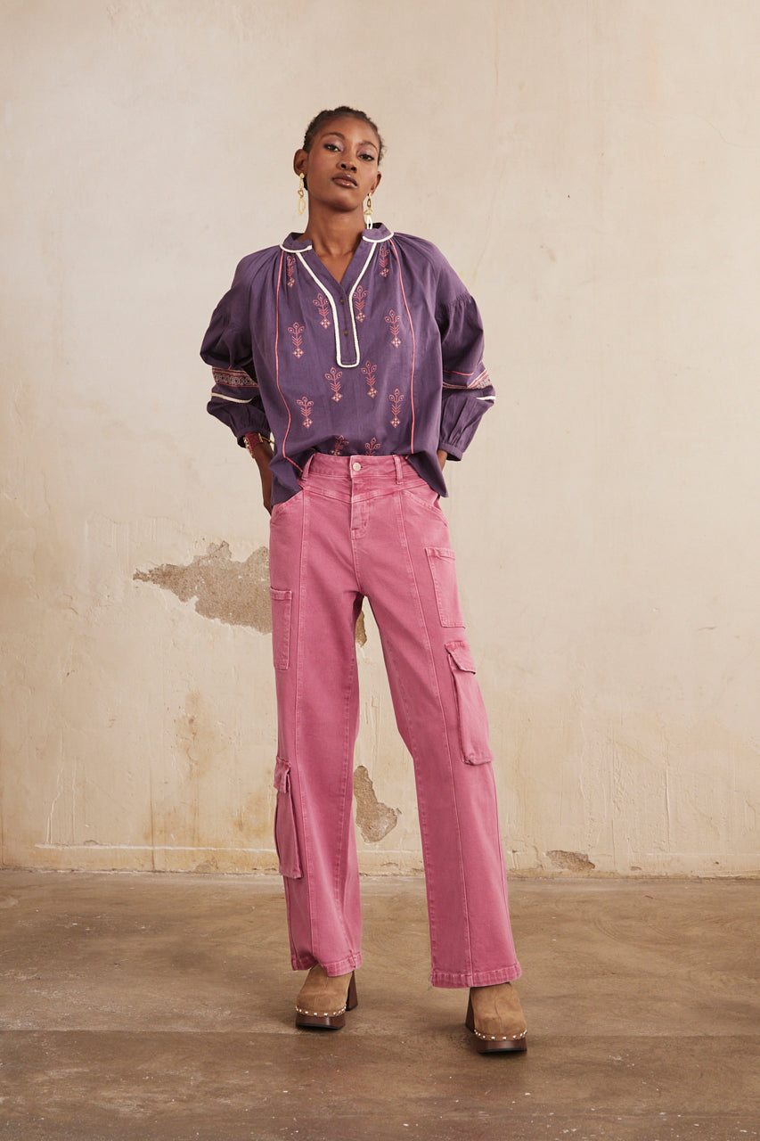 BLUSA MANGA LARGA LISA C/ BORDADO - PURPLE