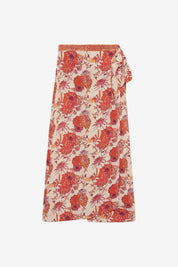 PRINTED MIDI PAREO SKIRT WITH EMBROIDERED WAIST - CORAL