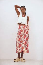 PRINTED MIDI PAREO SKIRT WITH EMBROIDERED WAIST - CORAL