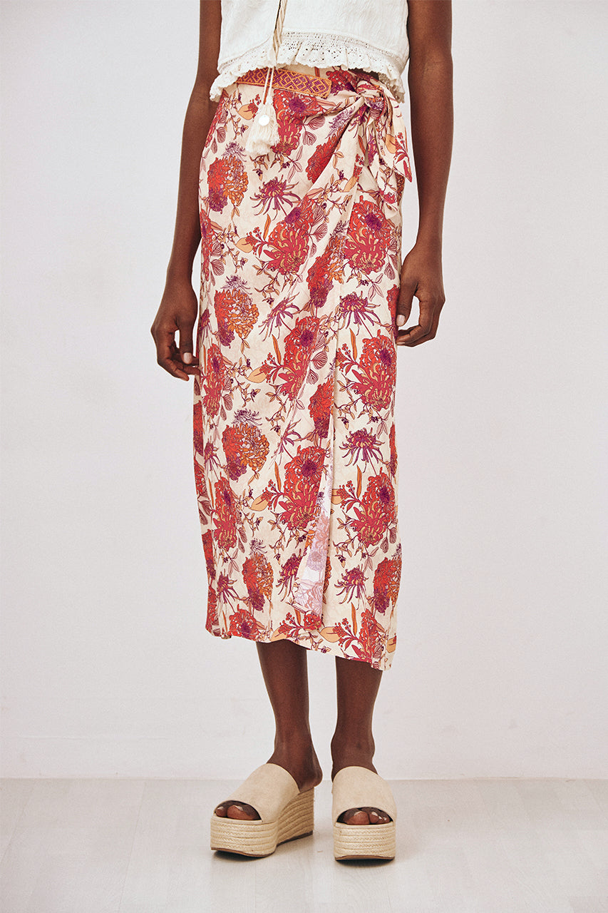 PRINTED MIDI PAREO SKIRT WITH EMBROIDERED WAIST - CORAL