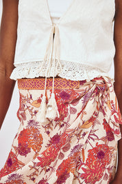 PRINTED MIDI PAREO SKIRT WITH EMBROIDERED WAIST - CORAL