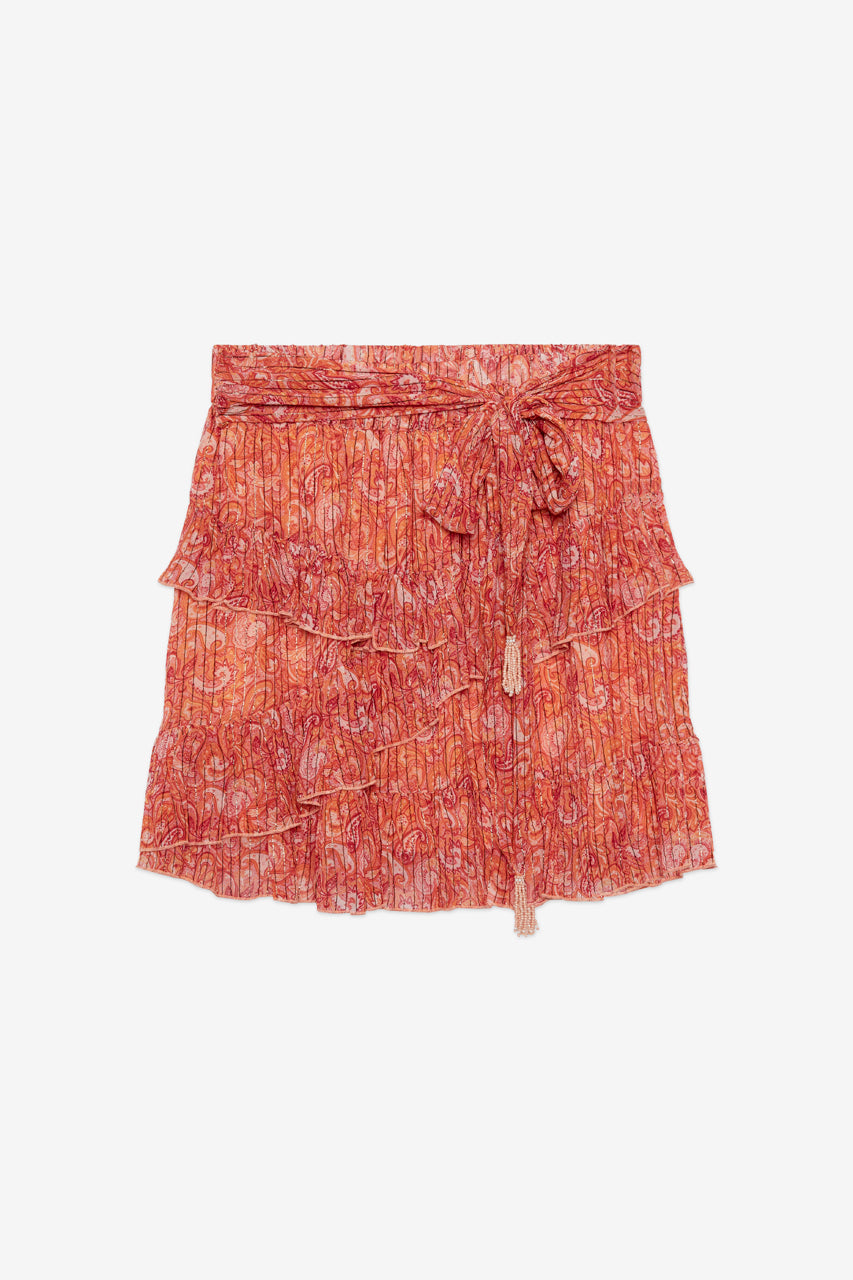 PRINTED RUFFLED TIE SKIRT - CORAL