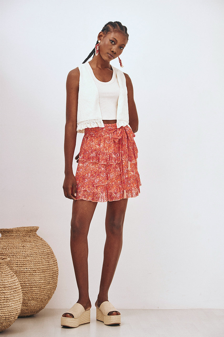 PRINTED RUFFLED TIE SKIRT - CORAL