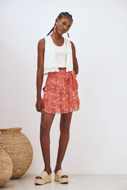 PRINTED RUFFLED TIE SKIRT - CORAL