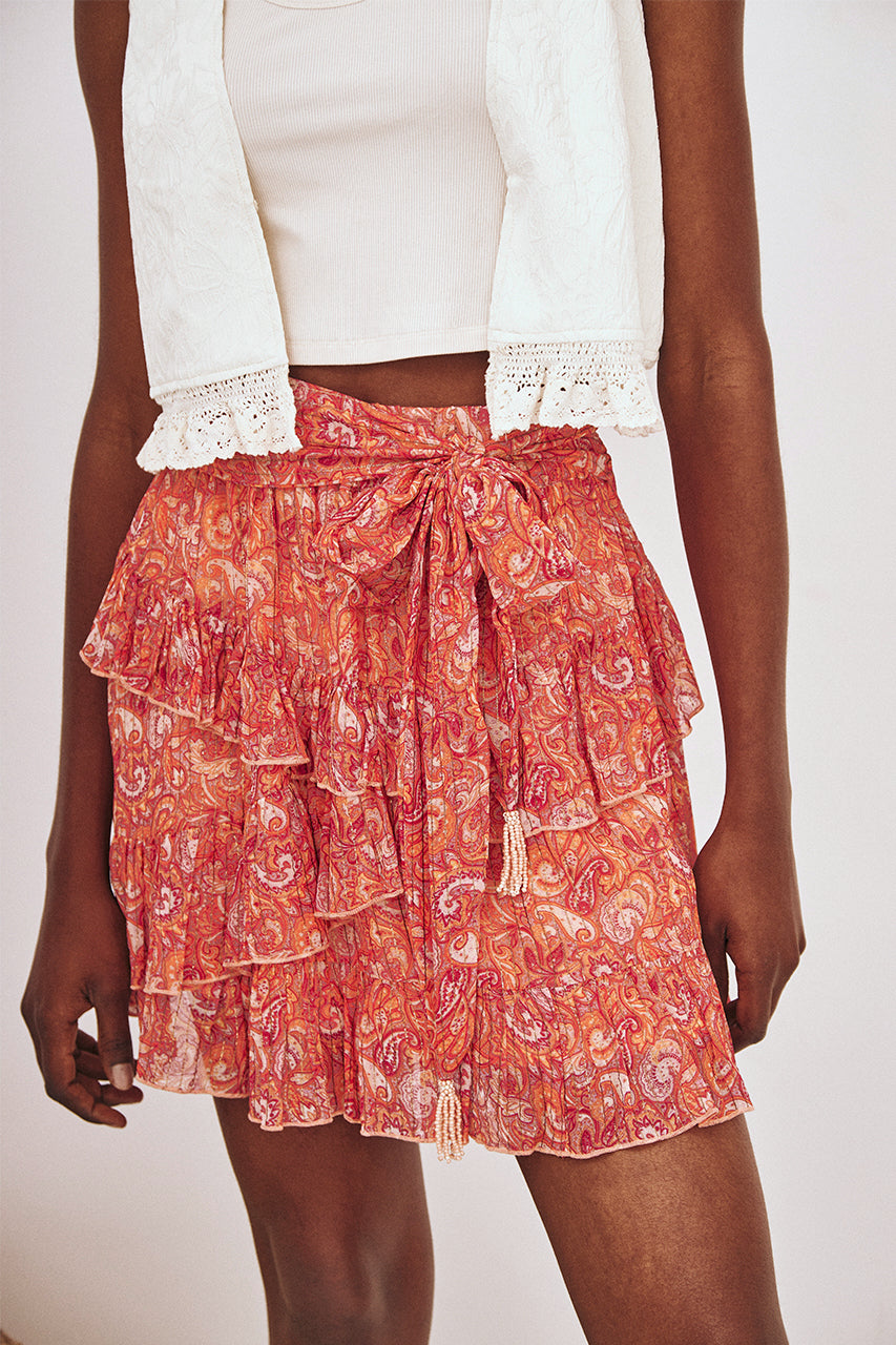 PRINTED RUFFLED TIE SKIRT - CORAL