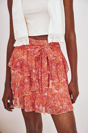 PRINTED RUFFLED TIE SKIRT - CORAL