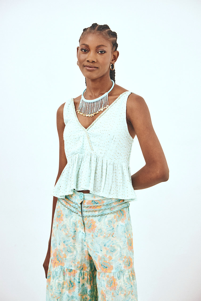 STRAPPY CROP TOP WITH MATCHING EMBELLISHMENT - TURQUOISE