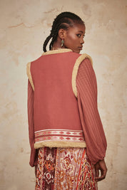 EMBROIDERED VEST WITH SHEEPSKIN - ROSE