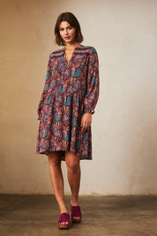 SHORT DRESS WITH LONG SLEEVES AND PRINTED EMBROIDERY - WINE