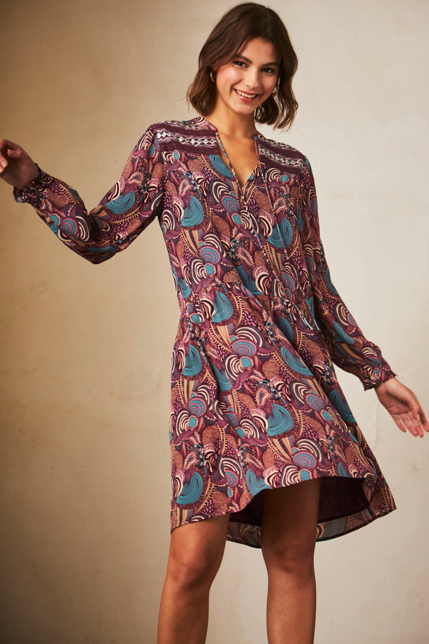 SHORT DRESS WITH LONG SLEEVES AND PRINTED EMBROIDERY - WINE