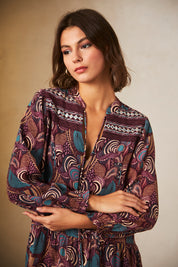 SHORT DRESS WITH LONG SLEEVES AND PRINTED EMBROIDERY - WINE