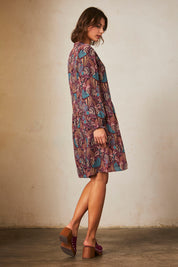 SHORT DRESS WITH LONG SLEEVES AND PRINTED EMBROIDERY - WINE