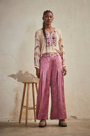 EMBROIDERED PLAIN LONG SLEEVE BLOUSE - ROSE