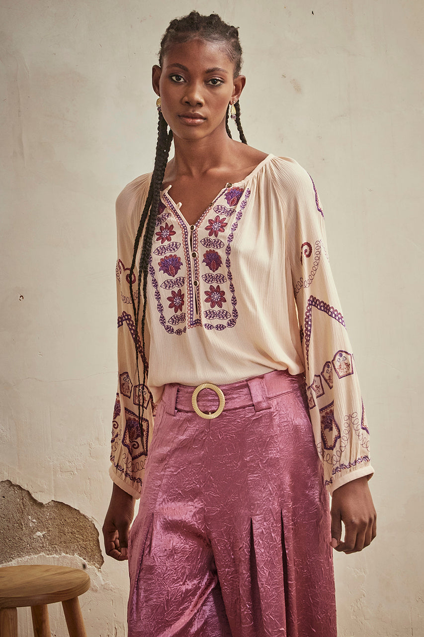 EMBROIDERED PLAIN LONG SLEEVE BLOUSE - ROSE