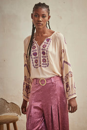 EMBROIDERED PLAIN LONG SLEEVE BLOUSE - ROSE