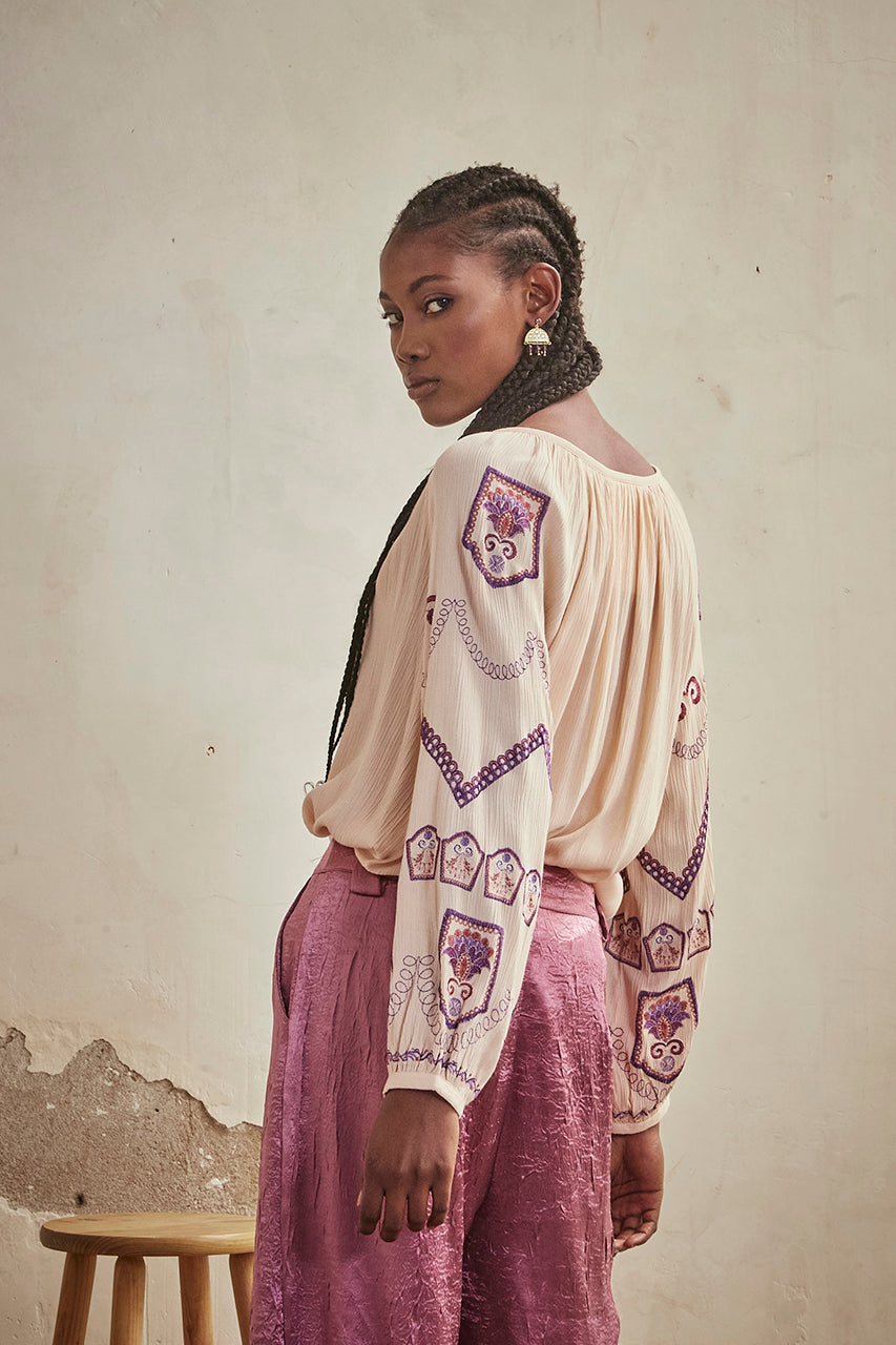 EMBROIDERED PLAIN LONG SLEEVE BLOUSE - ROSE