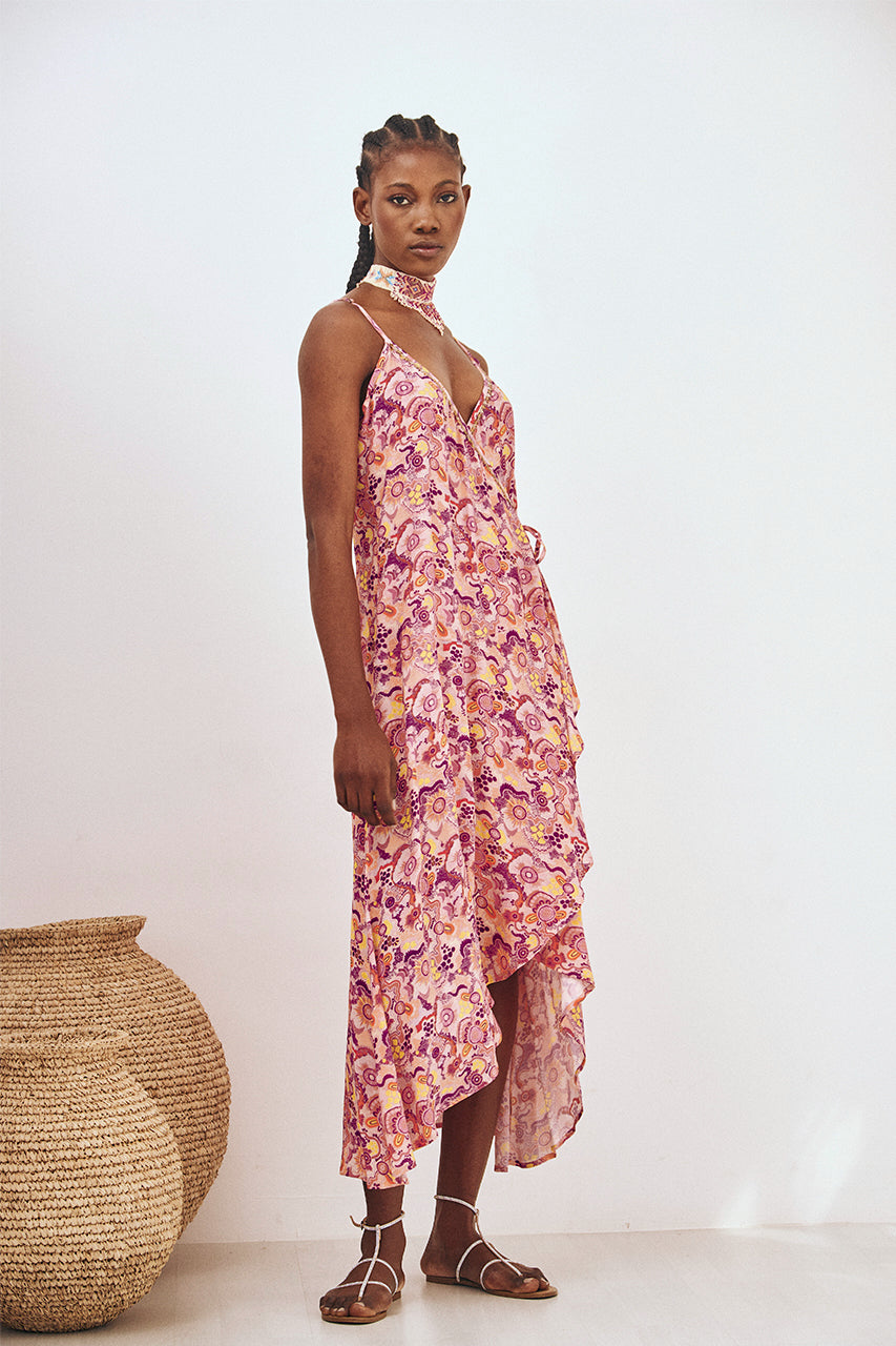 VESTIDO LARGO CRUZADO ESTAMPADO - ROSA