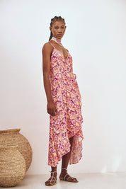 VESTIDO LARGO CRUZADO ESTAMPADO - ROSA