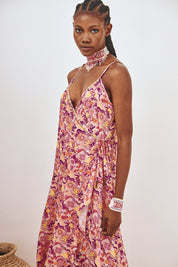 VESTIDO LARGO CRUZADO ESTAMPADO - ROSA