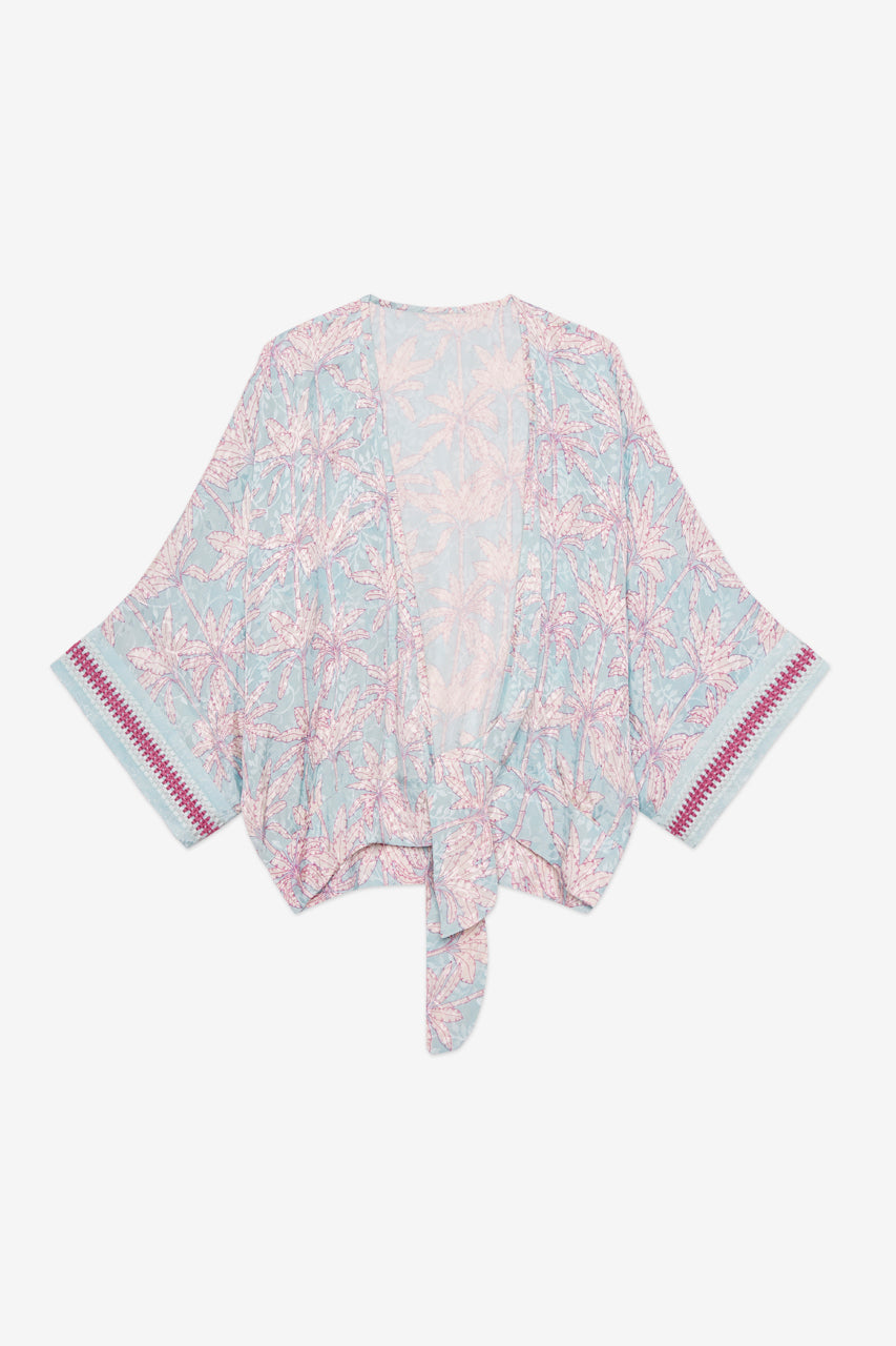 EMBROIDERED PRINTED KNOTTED KIMONO - TURQUOISE