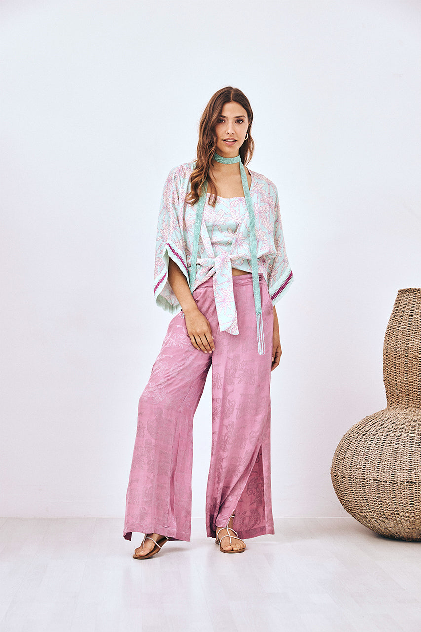 EMBROIDERED PRINTED KNOTTED KIMONO - TURQUOISE
