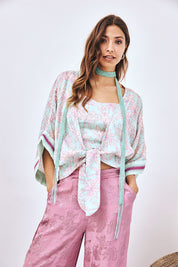 EMBROIDERED PRINTED KNOTTED KIMONO - TURQUOISE