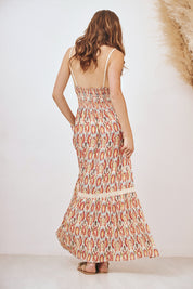 VESTIDO LARGO DE TIRANTES BORDADO Y BLONDAS - CORAL