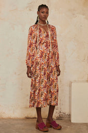 Long-sleeved printed long dress - orange