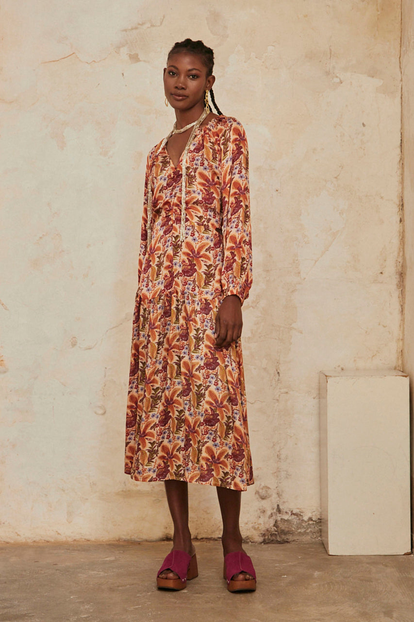 Long-sleeved printed long dress - orange