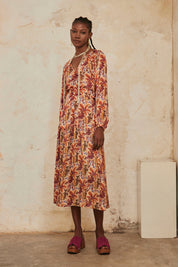 Long-sleeved printed long dress - orange