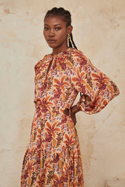 Long-sleeved printed long dress - orange