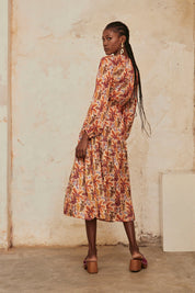 Long-sleeved printed long dress - orange