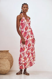 VESTIDO ASIMÉTRICO HALTER ESTAMPADO - CORAL