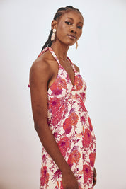 VESTIDO ASIMÉTRICO HALTER ESTAMPADO - CORAL