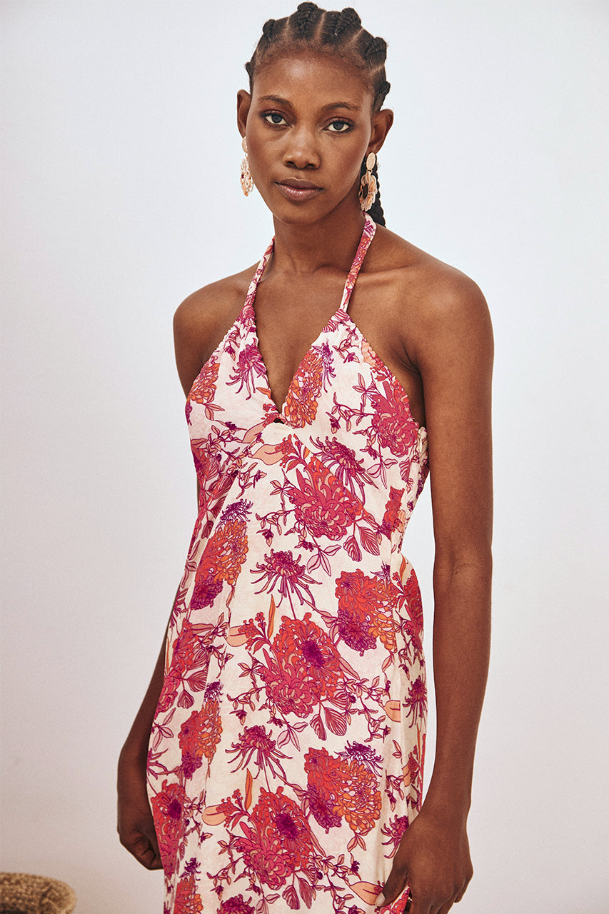 VESTIDO ASIMÉTRICO HALTER ESTAMPADO - CORAL