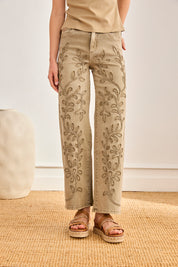 JEANS WITH EMBROIDERED LEAVES - KHAKI