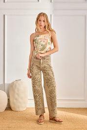 JEANS WITH EMBROIDERED LEAVES - KHAKI
