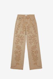 JEANS WITH EMBROIDERED LEAVES - CAMEL